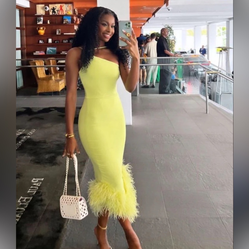 House Of Cb 'Alessia' Green Asymmetric Feather Trim Midi Dress Size S US4-6 $369 - Picture 3 of 10